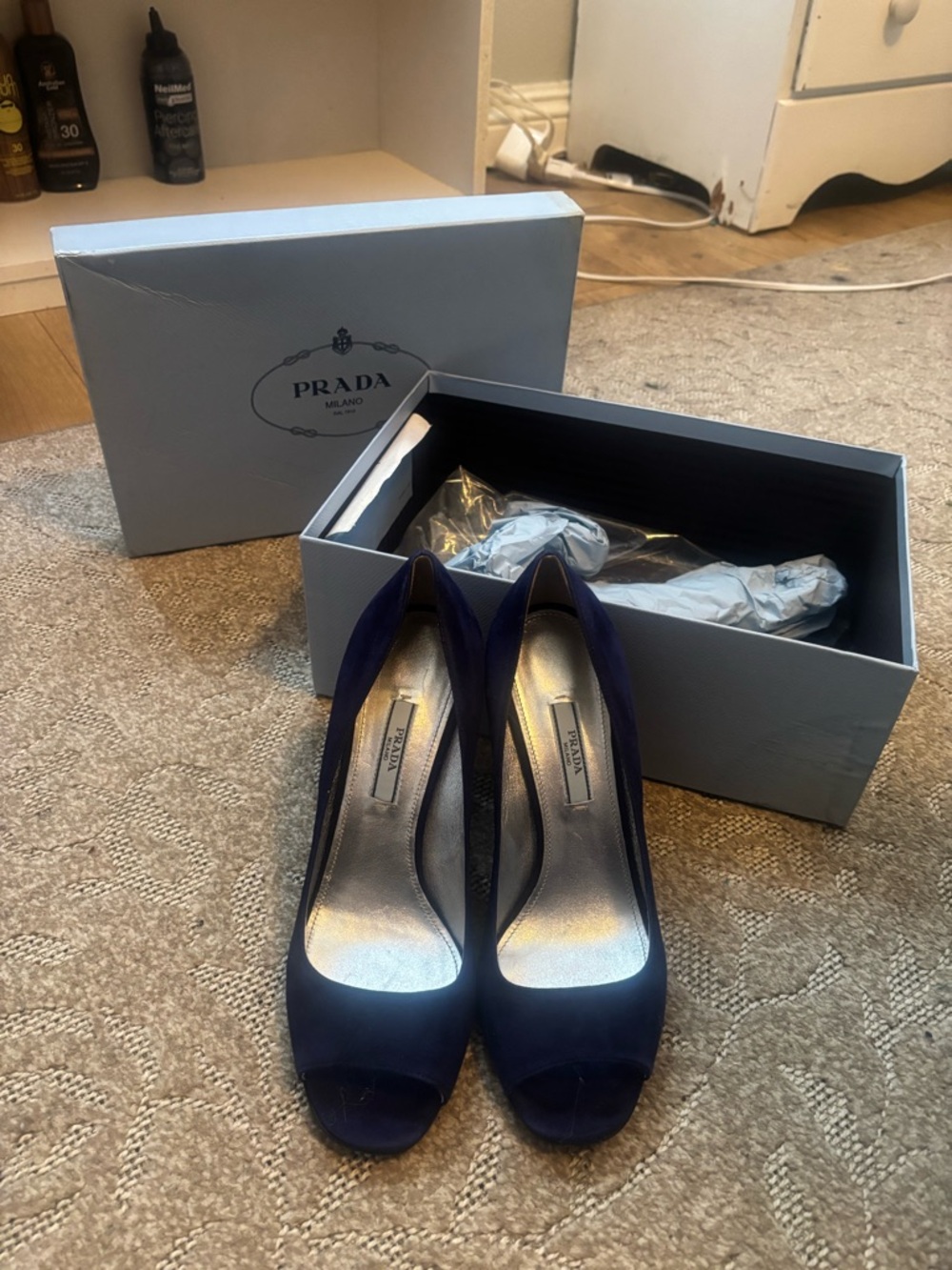 Prada Navy Suede Peep-Toe Heels